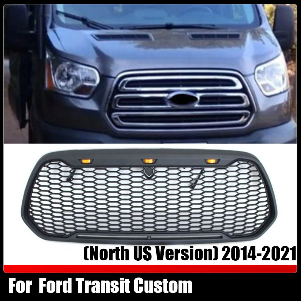 Fit For Ford Transit Custom (North US Version) 2014-2021 Car ABS Black Or Grey W/LED Light Front Mesh Grill Mask Bumper Grille