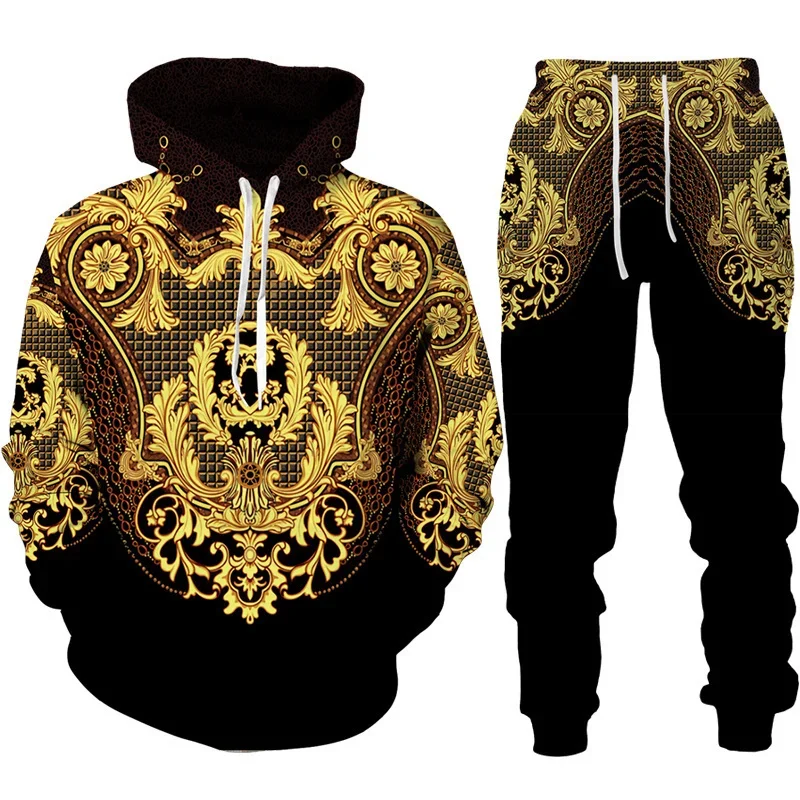 Baroque Court Style Hoodie/Suit Men\'s Luxury Golden Flower 3D Printed Sweatshirt&Trousers Set Fashion Unisex Streetwear Clothing