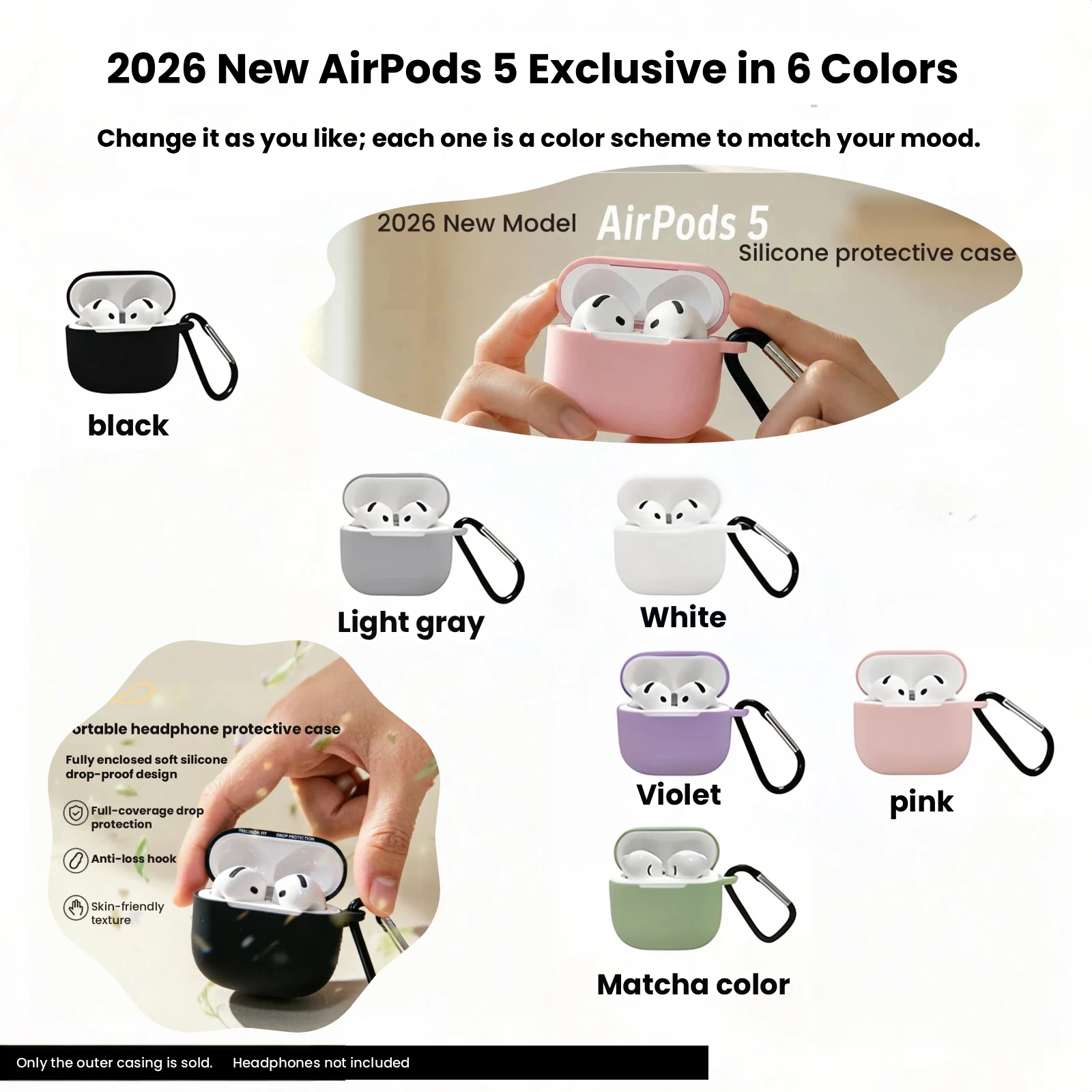 Custom Logo Soft Silicone Case for AirPods 5 Simple Style Shockproof Solid Color Earphone Cover with Buckle protective case