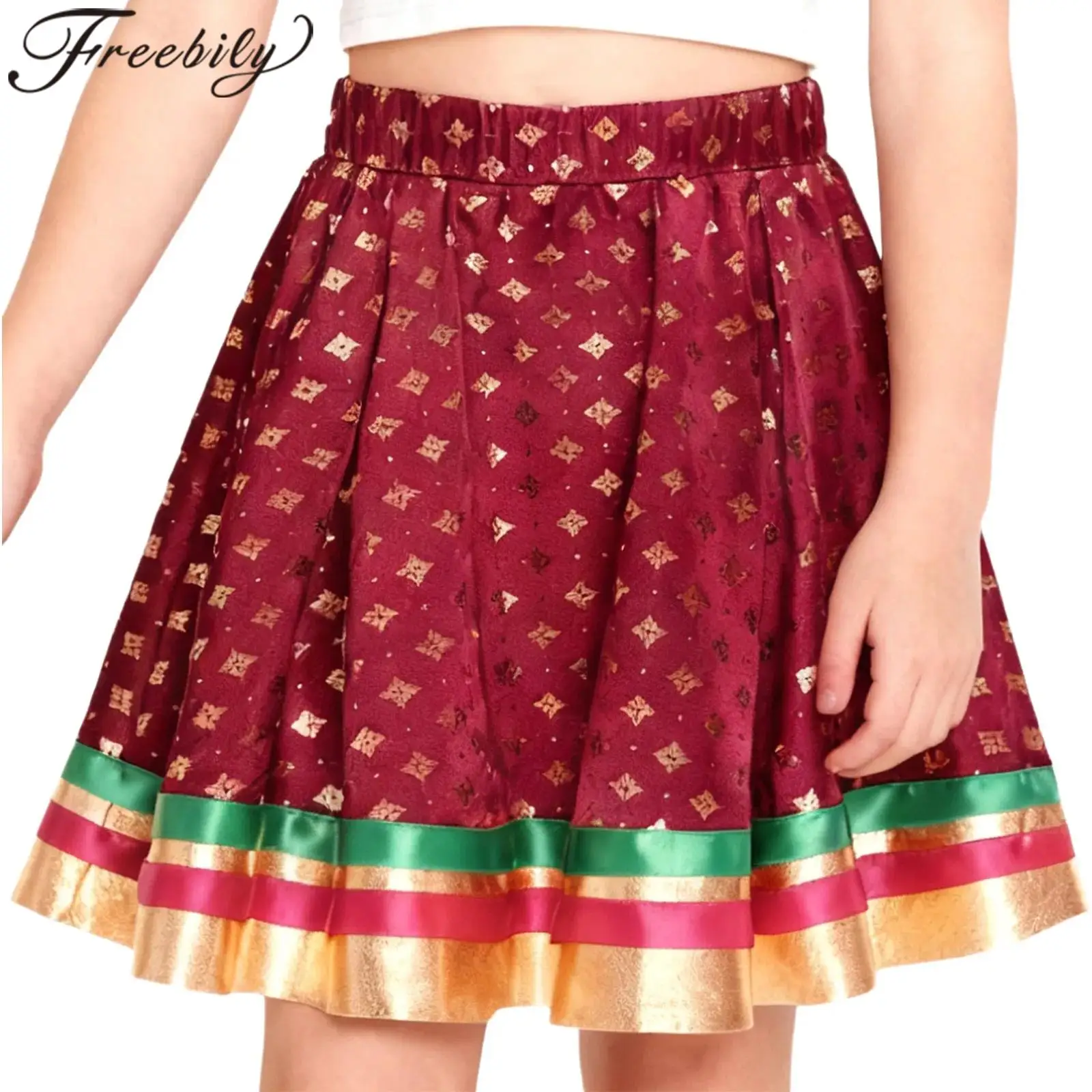 meninas-danca-indiana-carnaval-festa-traje-india-lehenga-choli-saia-dancewear-cetim-ouro-colorido-listrado-bainha-guarnicao-saia