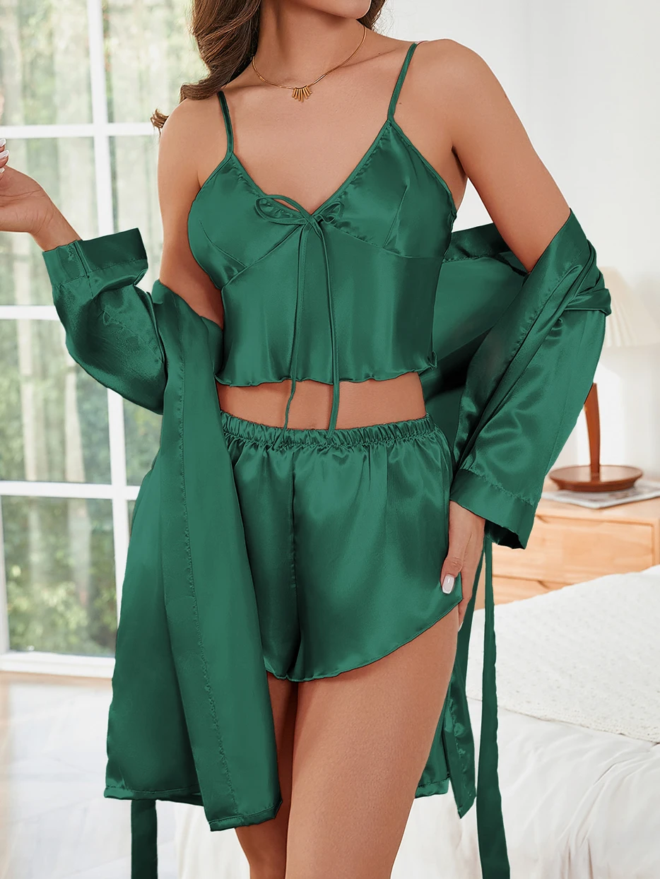 Three Piece Sling Shorts Robe Set Women Summer Home Leisure Outfit Breathable Comfort Pajamas