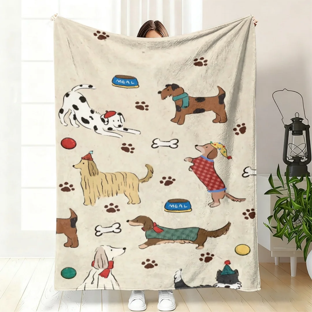 Soft Flannel Blanket Cute Cartoon Dog Pattern Throw Blanket for Couch Bedroom Office Nap Warm and Cozy Cover Blanket for Home Us