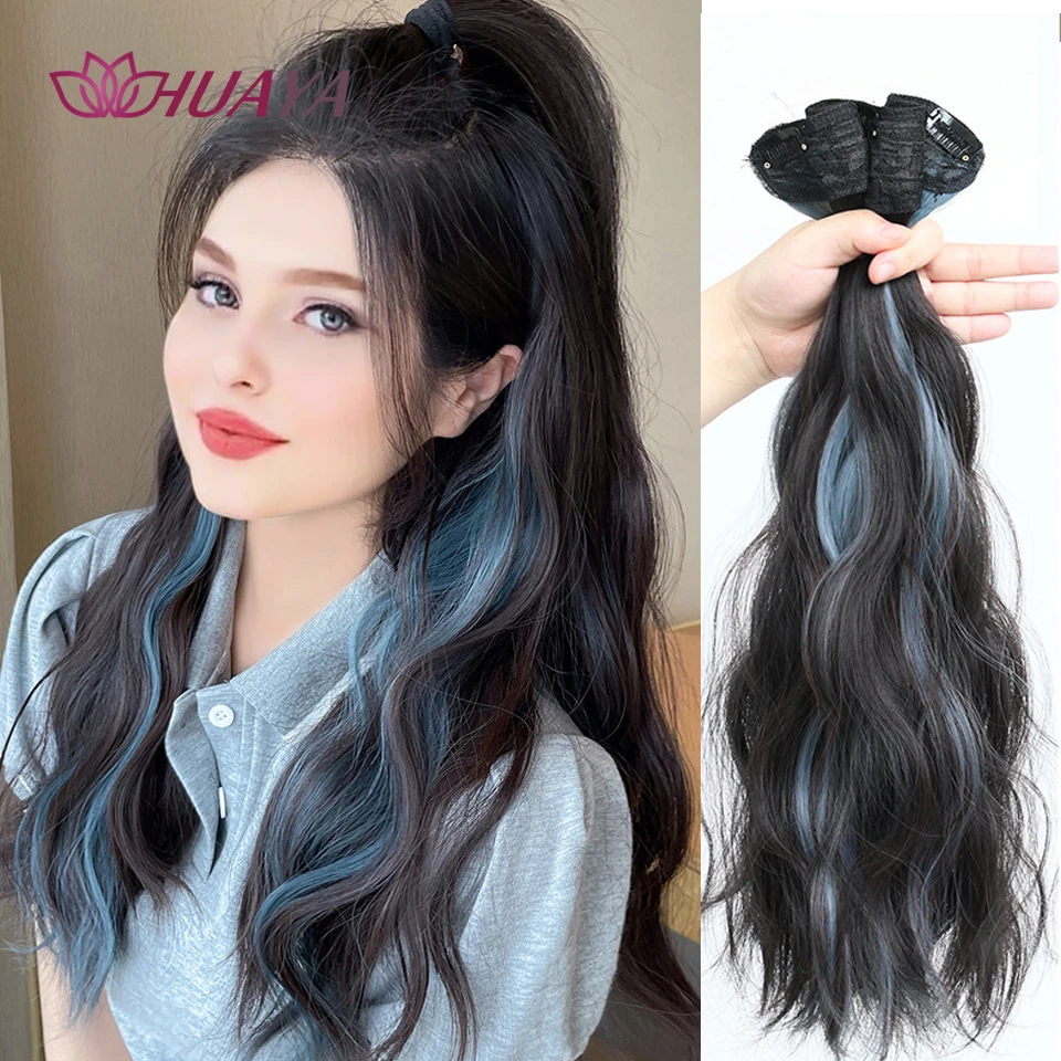 

HUAYA Synthetic V-shaped Hair Extension for Women Long Corn Curly Natural Black Blue Mixed One Piece Hairpiece Fake Hair Piece