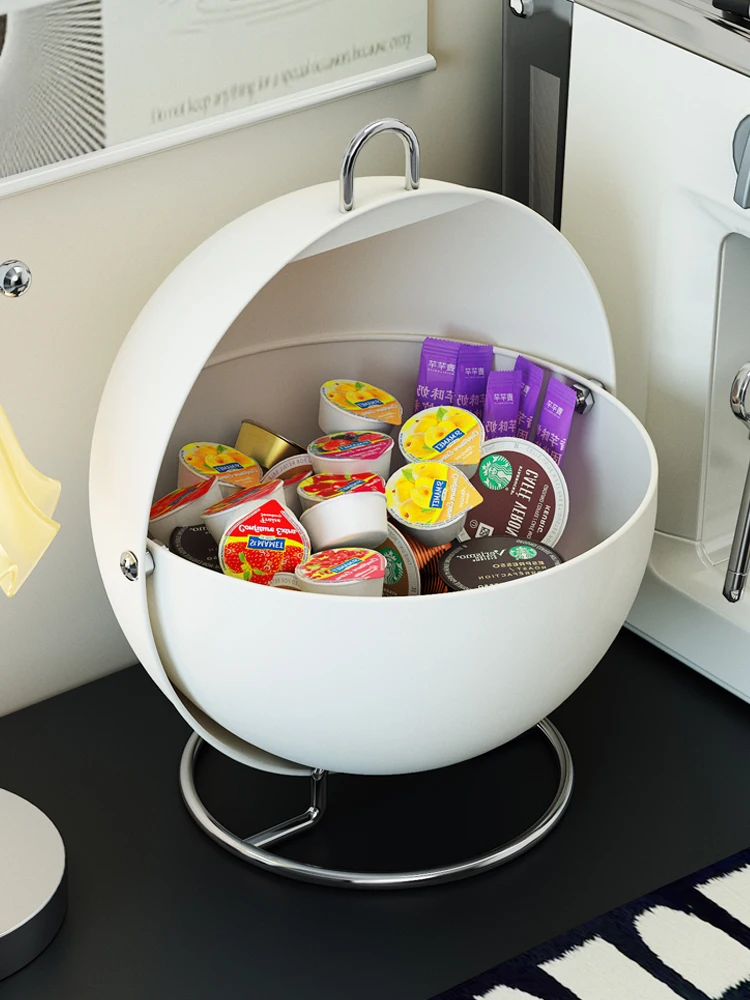 White Spherical Desk Organizer Box with Lid, Snack Dustproof Miscellaneous Storage Box, Capsule Coffee Storage Cabinet