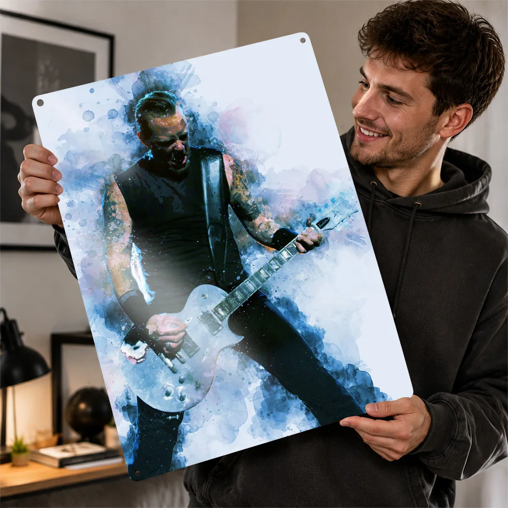 Rock Guitarist Blue Watercolor Portrait Textured Poster Customized Metal Tin Sign Striking Alternative Icon Wall Art Fits Bars