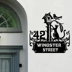 Custom Cat and Bird Metal Address Sign, Address Number Plaque Front Door Decor, Cat Address Sign, Address Wall Decor
