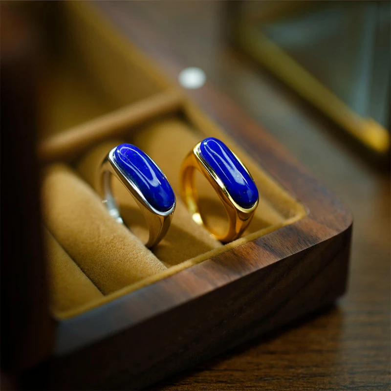 

Natural Lapis Lazuli Blue Ring Old Material Emperor Green S925 Silver Gold Plated Niche Design Retro French Adjustable Ring