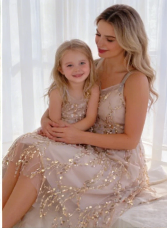 Parent-child Matching Summer Clothing 2026 New Mother and Daughter Beach Sequin Halter Backless Dress Long Dress Vacation Style