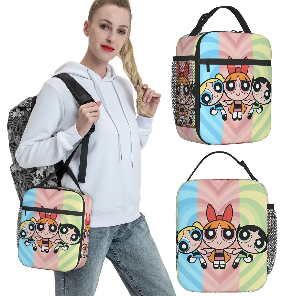 

P-Powerpuffs Сумка для обеда для девочек Школьный ланч-бокс для женщин Повседневный графический дизайн Термальные сумки для обеда Оксфорд Удобная сумка-холодильник