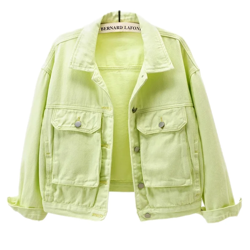 Korean Fashion Light Green Denim Jacket Women Loose Casual Short Cowboy Outerwear Spring Autumn Big Pocket Jeans Jacket Female