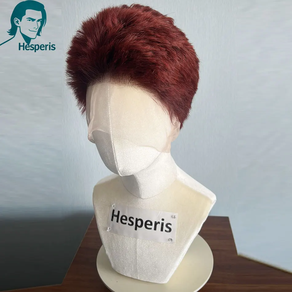 Hesperis Glueless Pre-Style Short Cut Full Lace Male Wig Dark Red Human Hair Cosplay Buzz Cut Wigs for Men Pre Plucked Boy Wigs