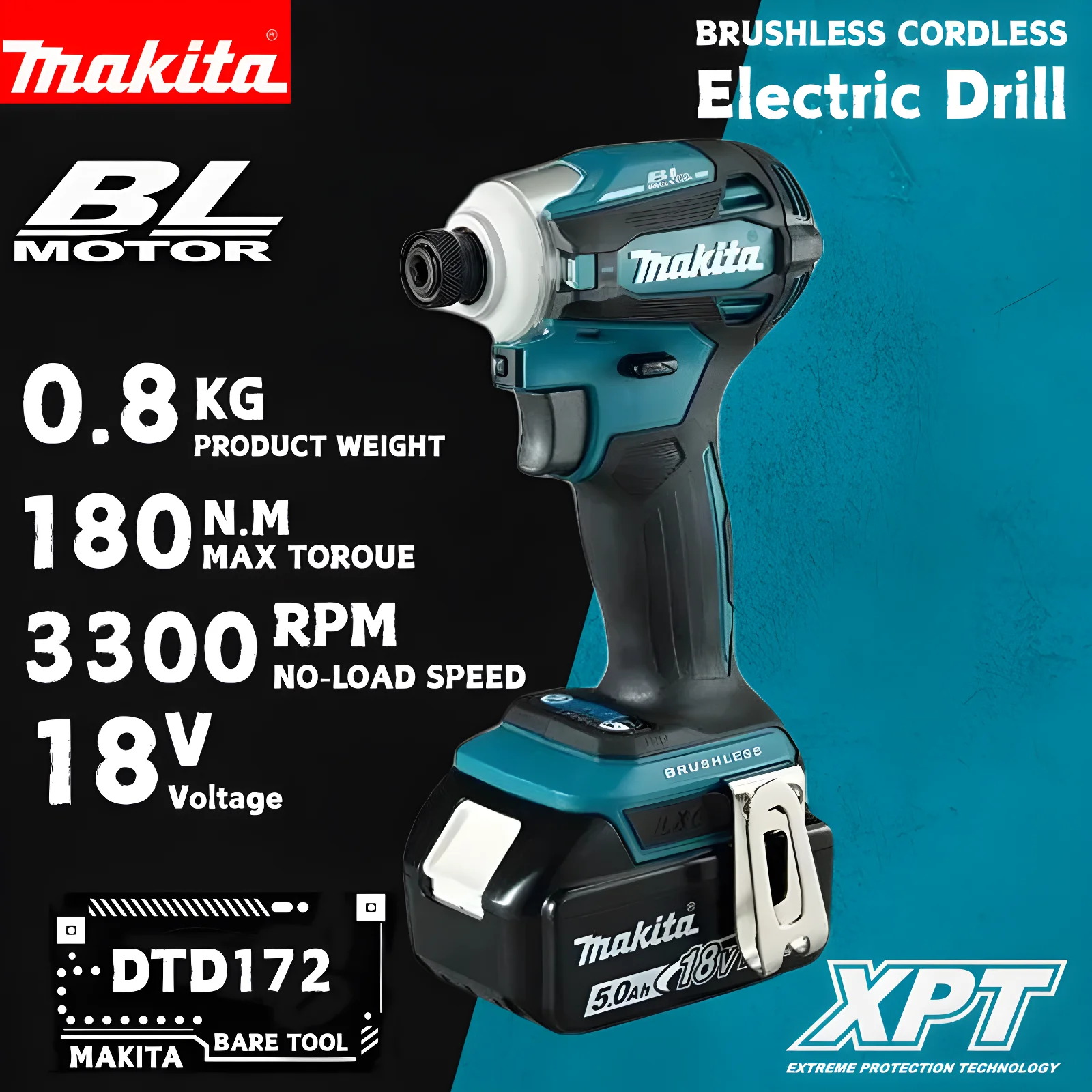 ماكيتا DTD172 تأثير محرك 1/4 بوصة مفك كهربائي بدون فرش لاسلكي 180N.m أدوات الحفر الكهربائية ماكيتا 18 فولت أدوات