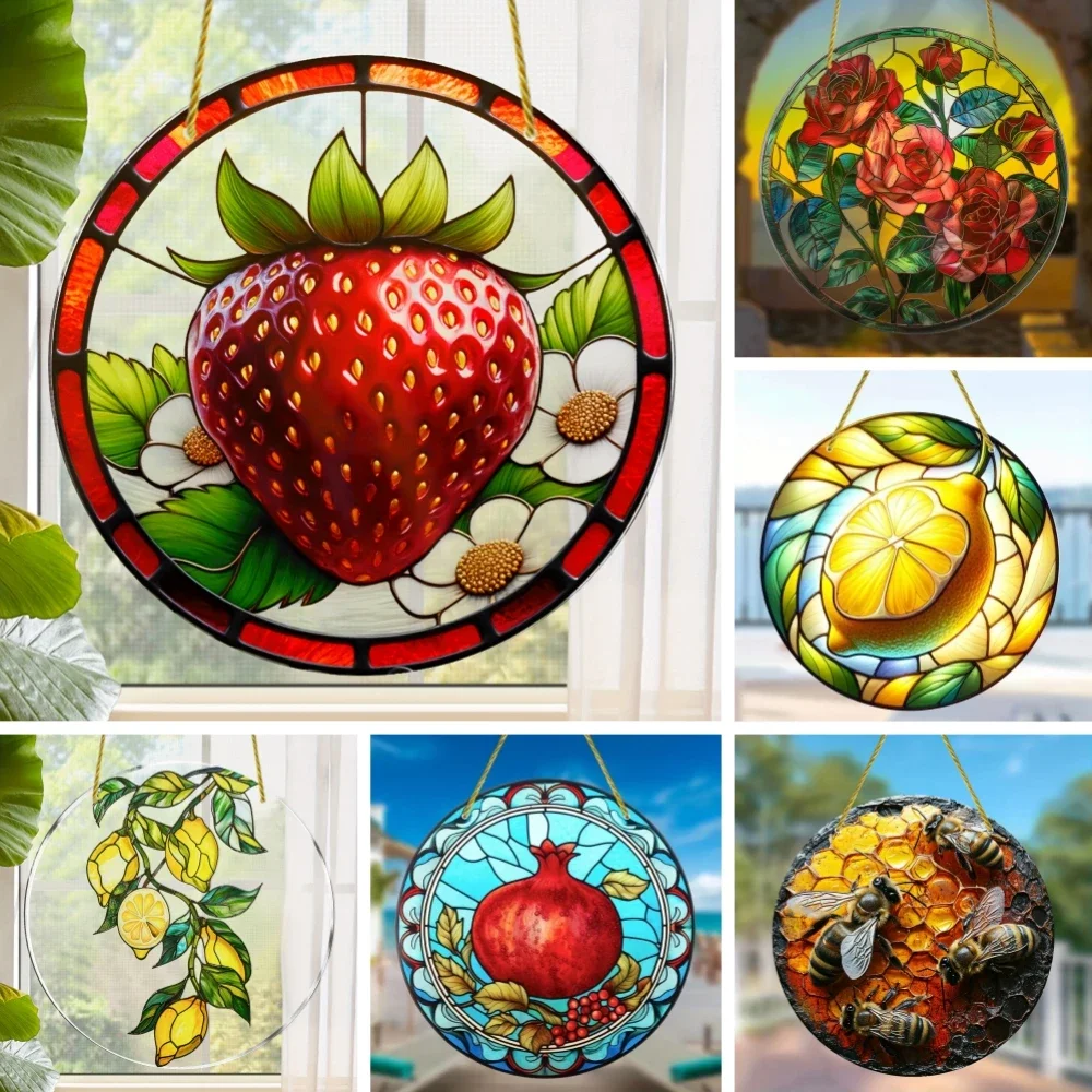 Obst gebeizt Fenster Sun catcher Granatapfel Zitrone Traube bedruckte Acryl platte für Home Room Decor Wandbehang Anhänger Ornament