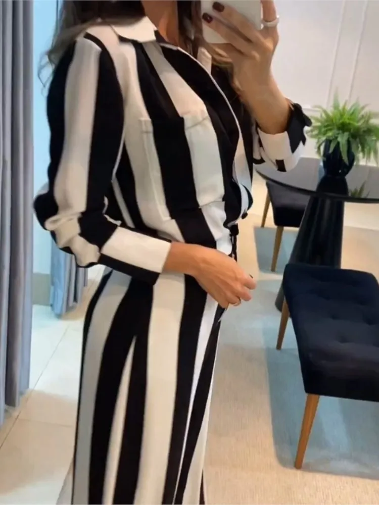 

Autumn Wide Leg Long Pant Sets Two Piece Set Women Casual Fashion Striped Pocket Design Shirt Trousers Streetwear Female Suit
