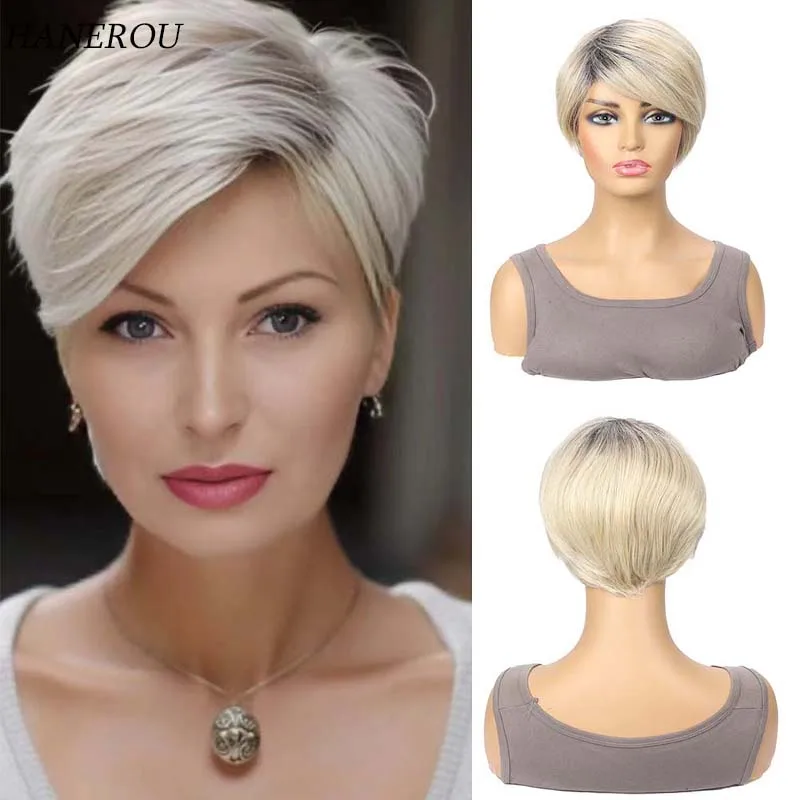 

Synthetic ShortMixed Light Blond Straight Wigs with Bangs for Women Daily Wear Cosplay Costum Fake Hair