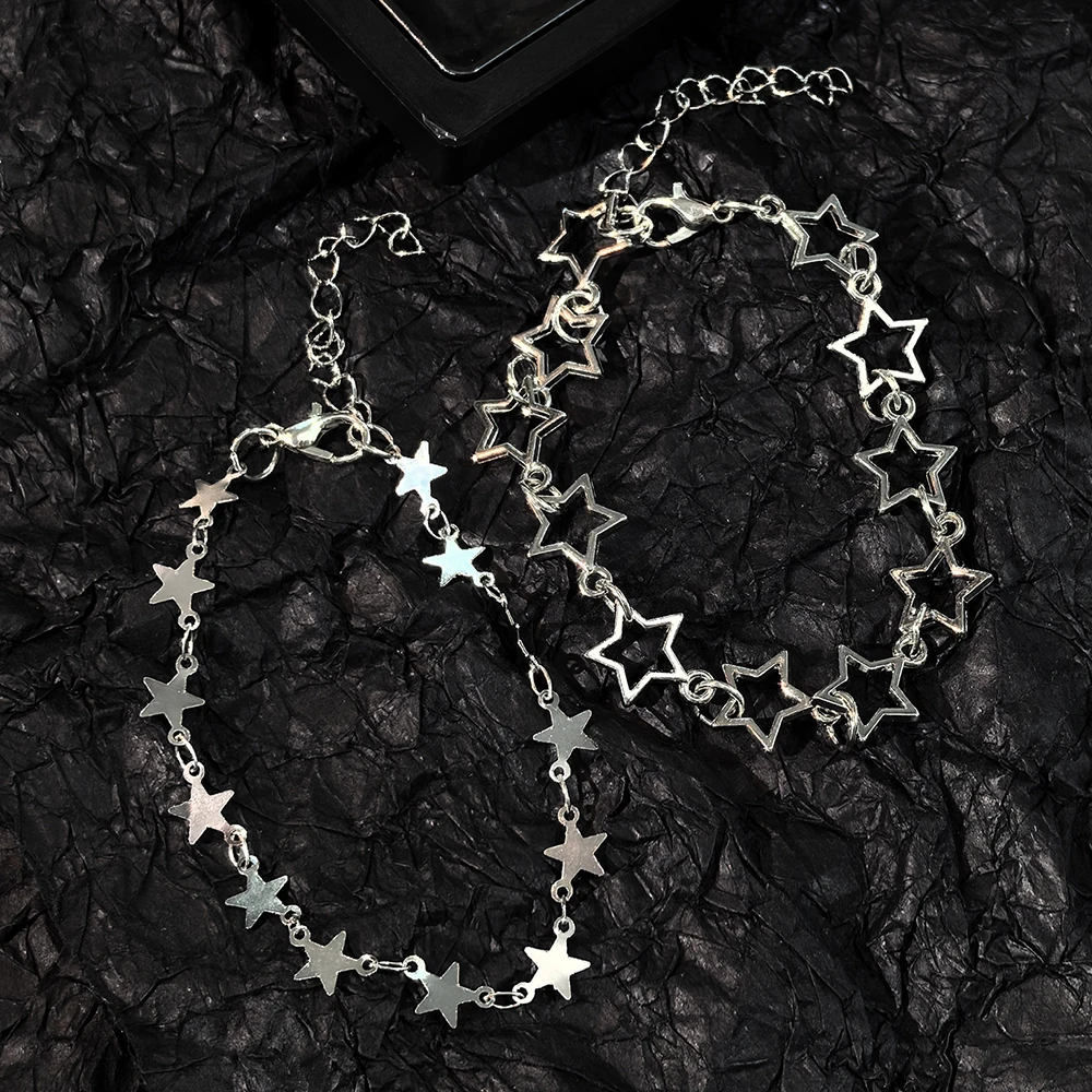 2Pcs Y2K Cute Star Stackable Bracelet Set Silver Tone Hollow & Solid Star Chain Bracelets for Women Coquette Aesthetic Jewelry