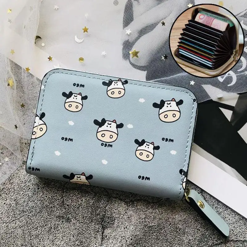 Monedero bonito con patrón de vaca para mujer y niña, Cartera de cuero PU para estudiantes, bolsillo para llaves con cremallera, bolsos de dibujos