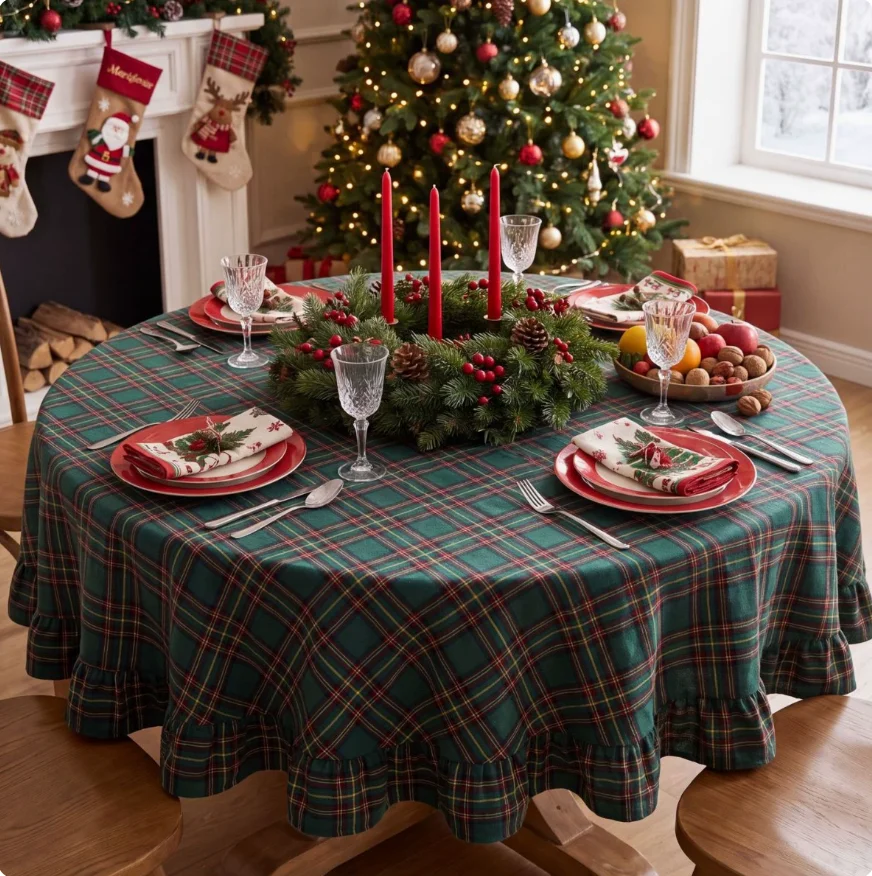 Christmas Plaid Ruffled Tablecloth, Gilded Printing Craft Washable Anti-stain Table Decorations for Kitchen Wedding Table Cover