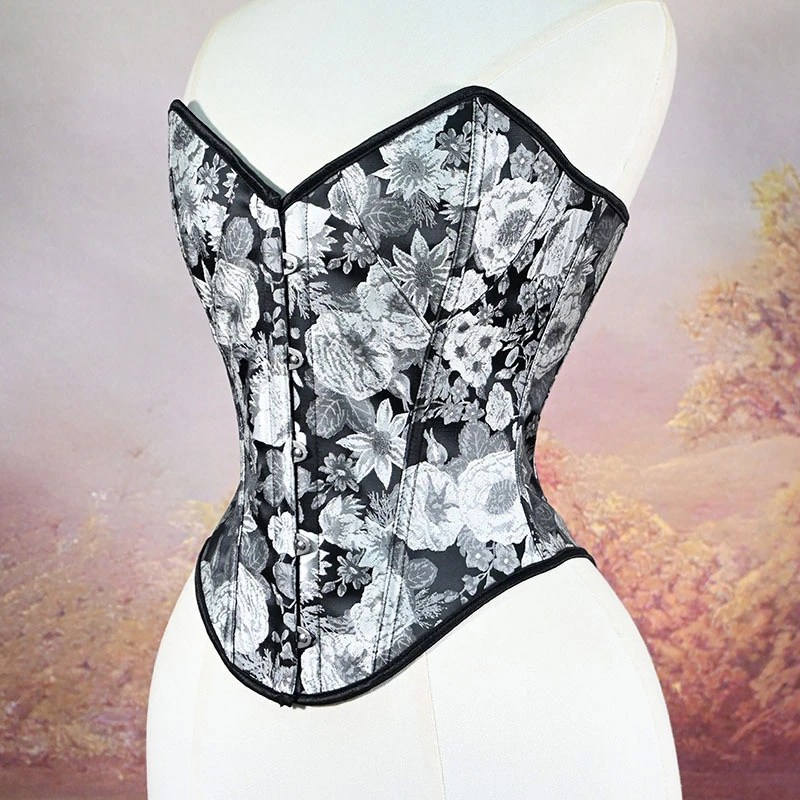 Haut court corset sans bretelles pour femmes, imprimé floral vintage, dos à lacets, corsage à baleines, taille cintrée gothique, vêtement de maintien, costume de scène