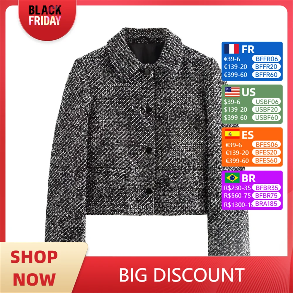 

ZARF2024 autumn new women's simple high-end small fragrance style temperament high-end sequins texture lapel short suit jacket