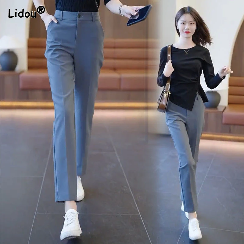 

Women's Clothing Comfortable Straight Solid Office Lady Pockets Business Casual Fashion Spring Summer Thin Button Zipper Pants