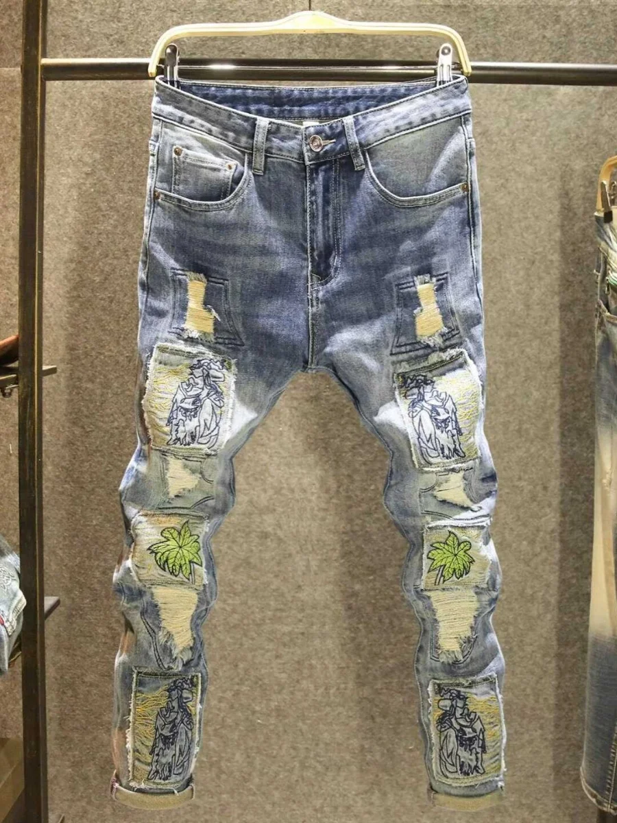 

High-End Retro Men's Jeans Embroidered Heavy-Duty Station Master Pants Slim Fit Distressed Patchwork Fashionable Cotton Stret...