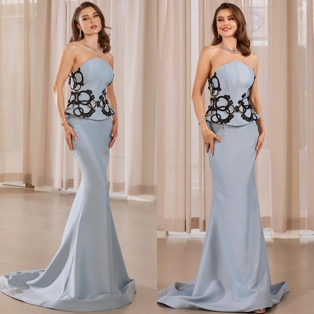 فستان سهرة كلاسيكي مخصص بدون حمالات من الجيرسيه، مزين بشكل رائع، فساتين حفلة موسيقية، حورية البحر، فساتين مناسبة خاصة