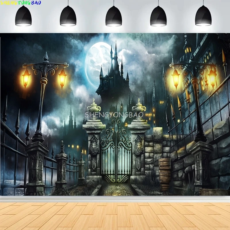 

Autumn Thanksgiving Day Photography Backdrops Fall Scary Pumpkin Barn Moon Halloween Day Party Castle Photo Background NG-35