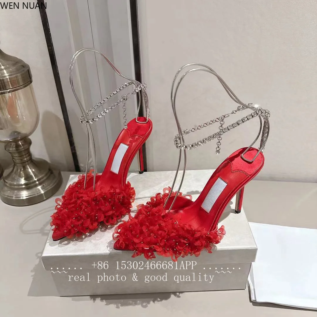 Women's high-heeled shoes, wedding shoes, delicate flower-shaped crystal chain pointed-toe slip-on sandals