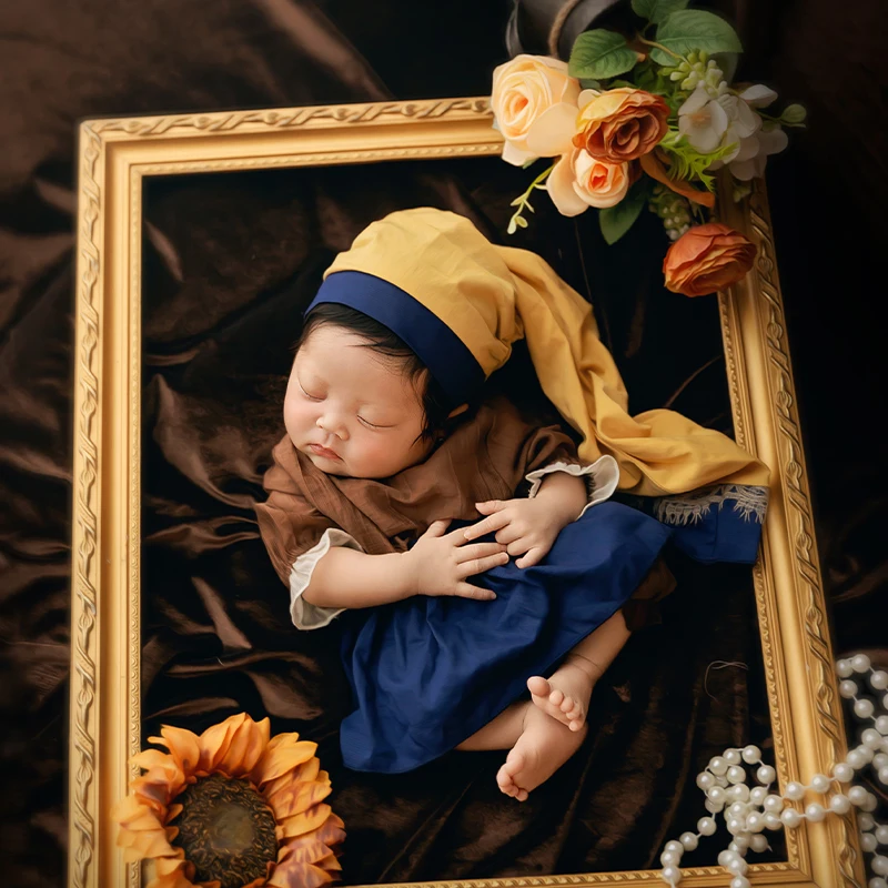 0-1 Month Vintage Newborn Photography Outfit Oil Painting Style Baby Hat +Dress +Apron Set with Pearls Artificial Flowers Props