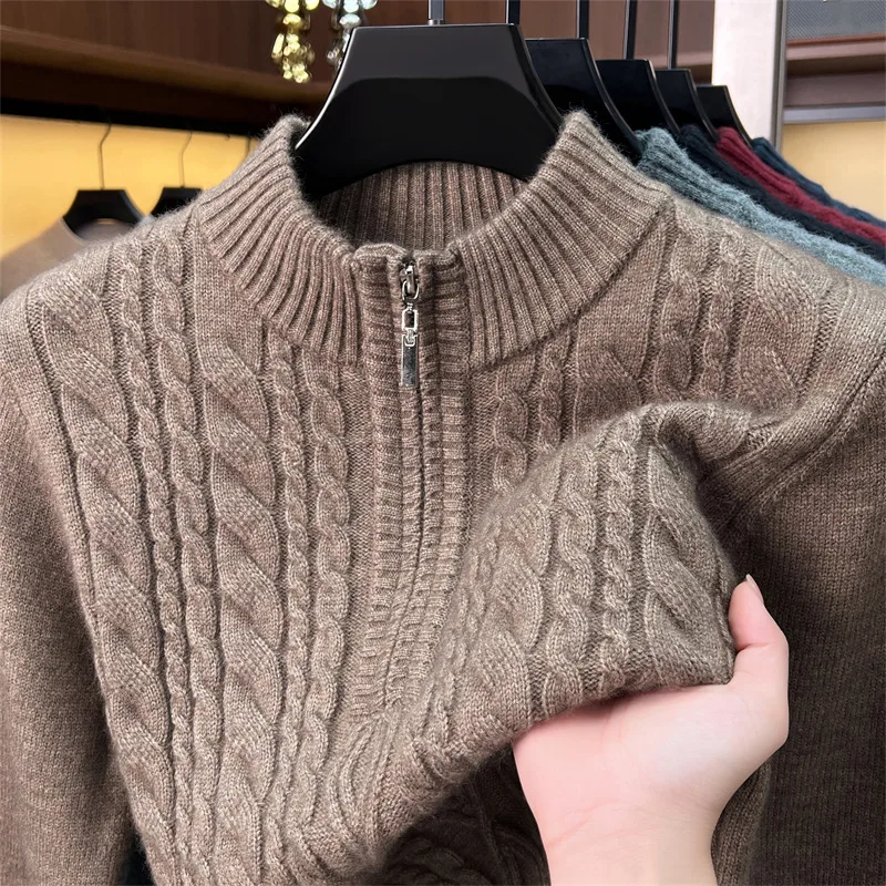 High Quality knitted stand collar men's sweater new jacquard fashion half zipper pullover comfort warm autumn winter casual top