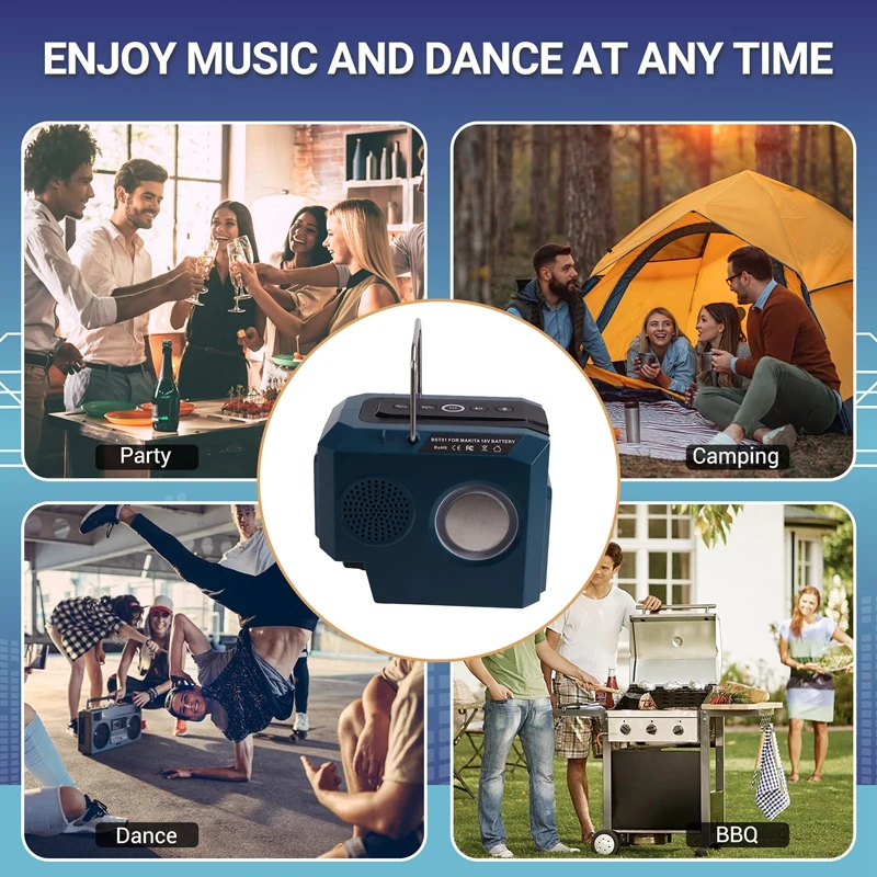 Alto-falante bluetooth para makita 18v bateria portátil sem fio alto-falante com usb & tipo-c porta de cartão tf para acampamento & festa