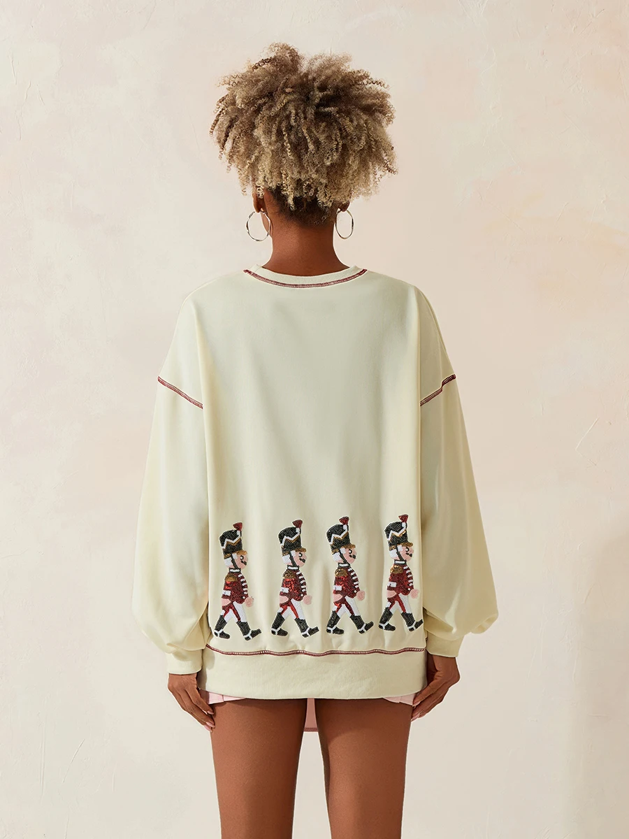 여성용 스팽글 만화 맨투맨, 대비 색상 스티칭, 긴 소매 라운드 넥, 캐주얼 풀오버 상의