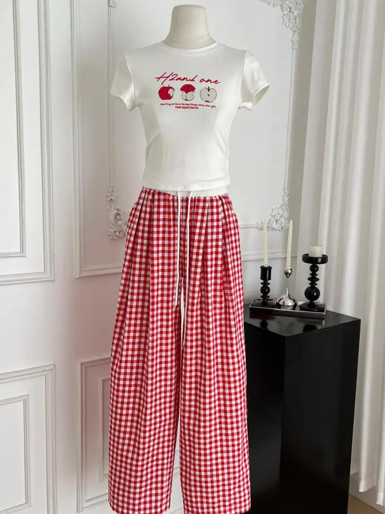 

Summer Women Beige Apple Print Round Neck Short Sleeved Tops And Red Plaid High Waist Drawstring Lace-up Long Pant Two Piece Set