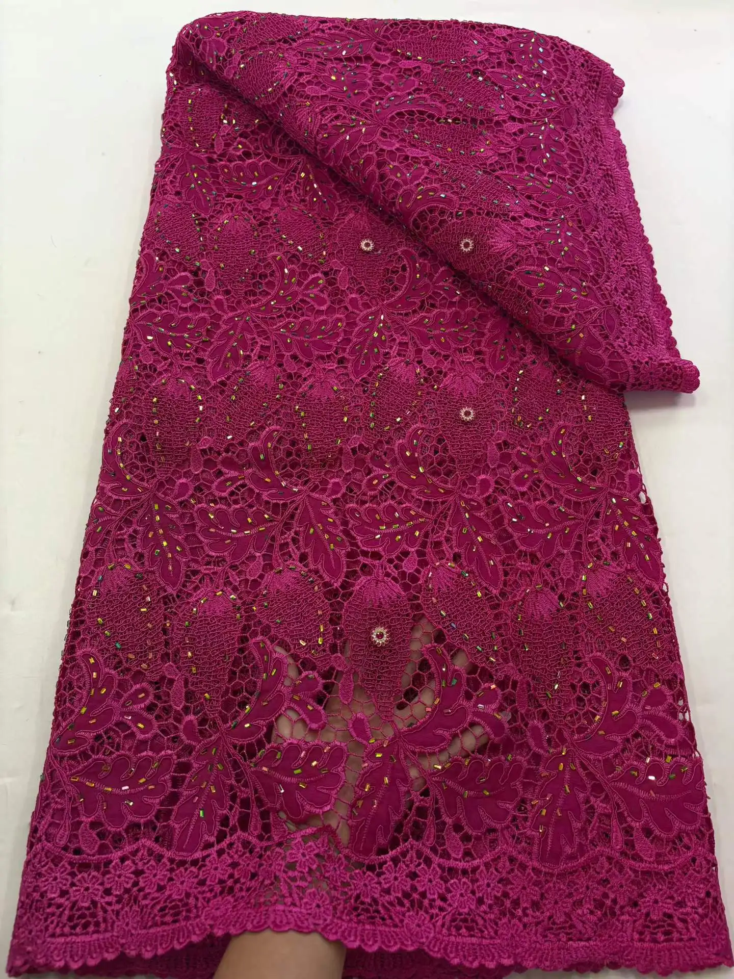 

African Guipure Nigerian Lace Fabric Beaded Embroidery Tulle Stones Water Soluble High Quality for Wedding Party Dresses