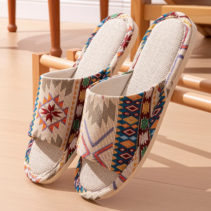 Ethnic Style Linen Flip Flops For Women Men Anti-Slip Casual Couple Slippers Retro Color Block Open Toe Sandals For Home Beach image 6