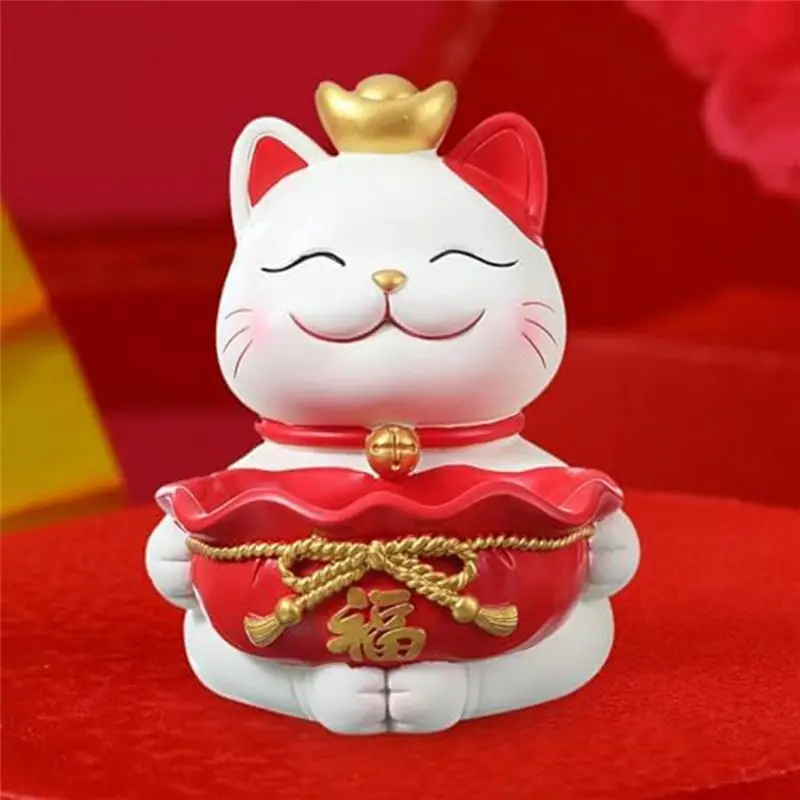 AA94-Lucky Cats Statue Ornament Creatives Resin Figurine Tabletop Organizer Jewelry Trinket Tray A