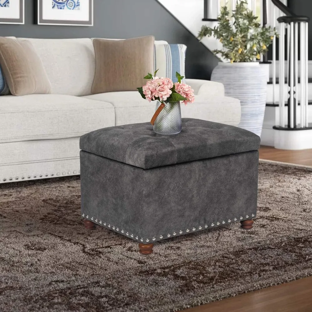 

24" Rectangle Lift Top Storage Ottoman Bench, Velvet Tufted Foot Rest Stool with Nailhead Trim,Grey-Black