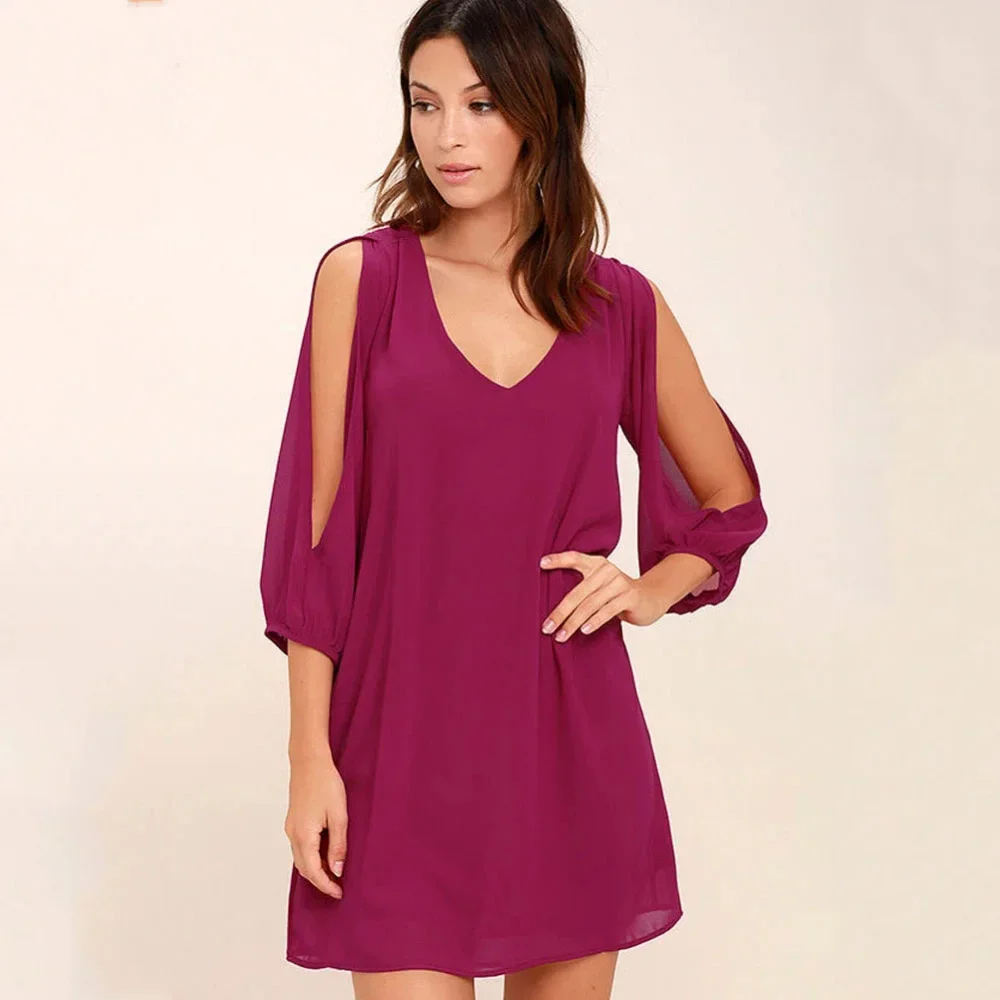 Vestido corto holgado de manga corta para mujer, minivestido Sexy y elegante con escote en V profundo, Color liso, para fiesta y Club