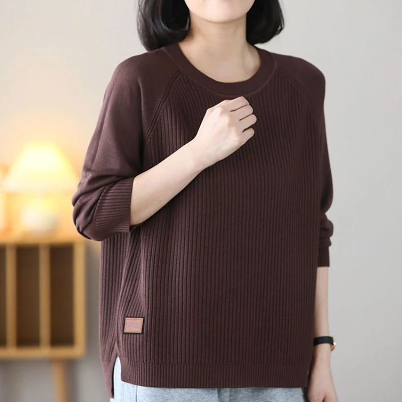 Women Baggy Sweater Pullovers Vintage Simple O-neck Korean Style Ladies Mature All-match Knitwear Daily Stylish Autumn Winter