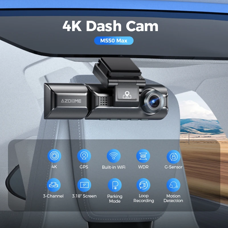 AZDOME M550 Max 4K Car Dashcam With 3.18'' Screen Front And Rear Camera GPS And Wifi 64GB TF Card Black Box Driving Recorder
