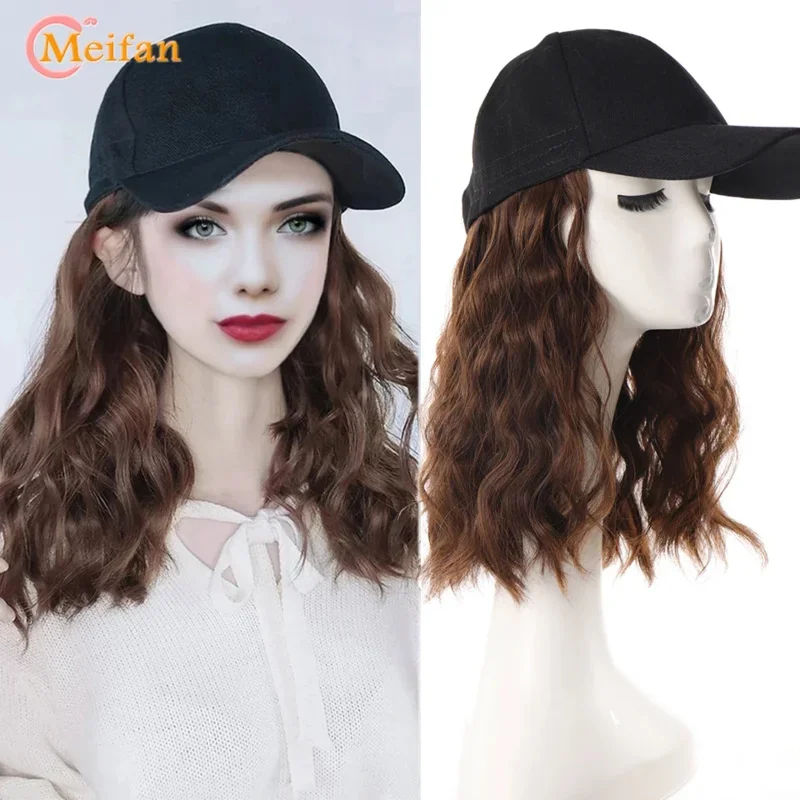 A MEIFAN Long Synthetic Fluffy Natural Wave Wavy Curly Hair Wigs with Hat Baseball Cap Naturally Connect Adjustable Hat Wig