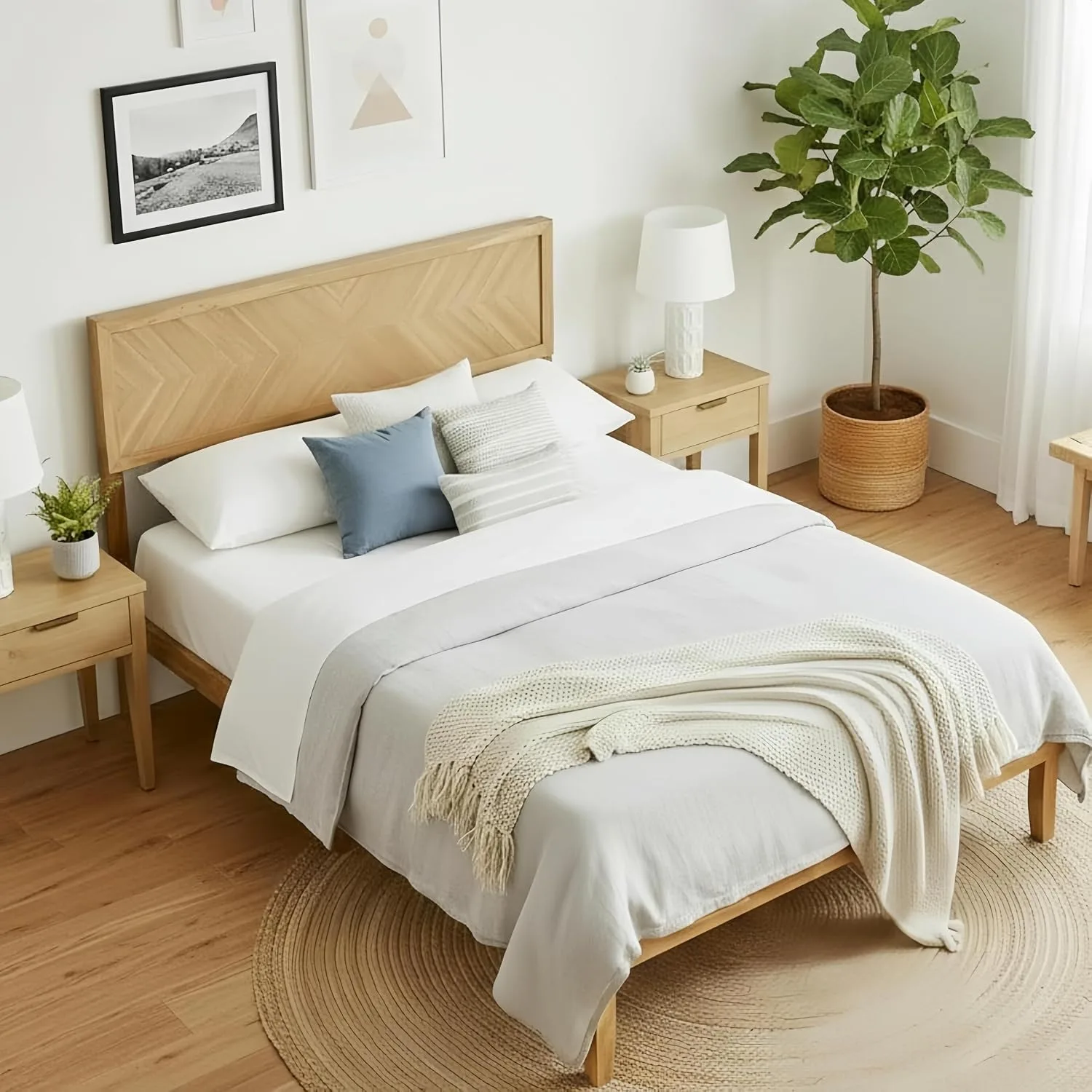 Full Size Wood Bed Frame with Headboard, Solid Acacia Wood Platform Bed Frame, Customized