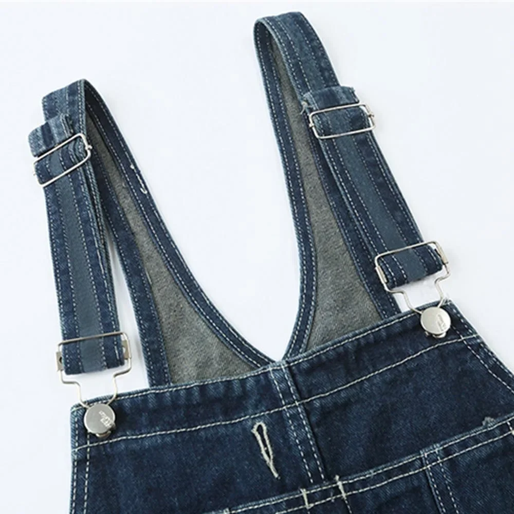 Multi-Pocket Denim Overalls Mens Casual Distressed Bib Trousers Solid Color Loose Jumpsuit Trousers Men