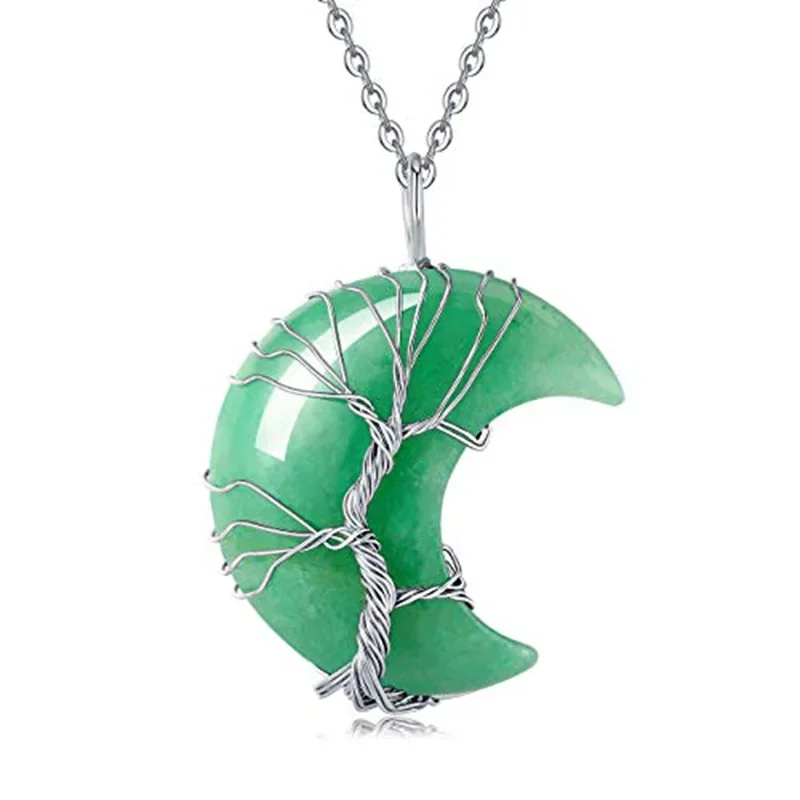 Collier en résine de pierre de quartz naturel, collier d'arbre de vie de lune naturelle, fil rond, croissant de lune, cristal PmotChip