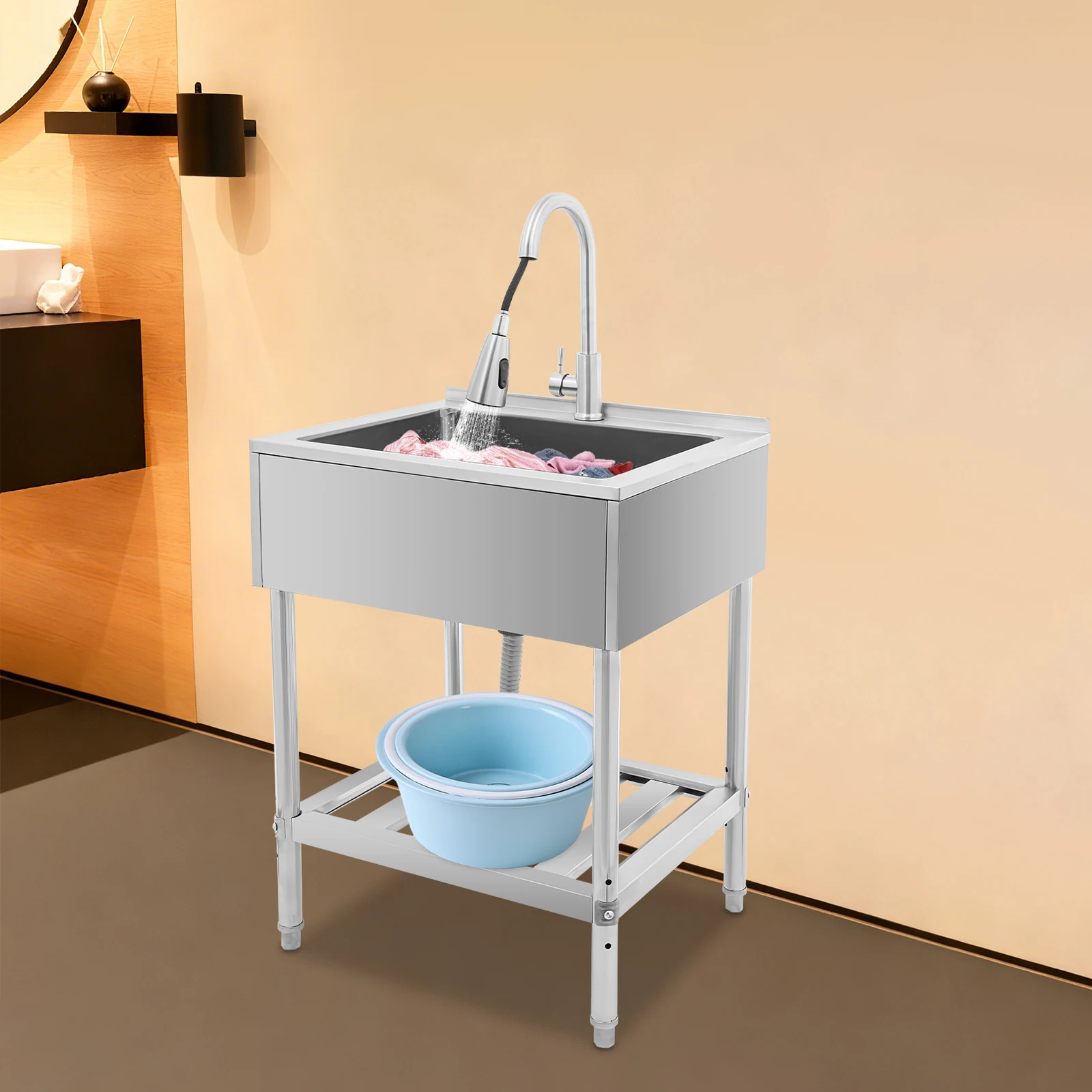 

Silver Freestanding Sink(Stainless Steel) - Wire Drawing Process&Sturdy/Durable/Corrosion-Rust Resistant, Large Single Sink