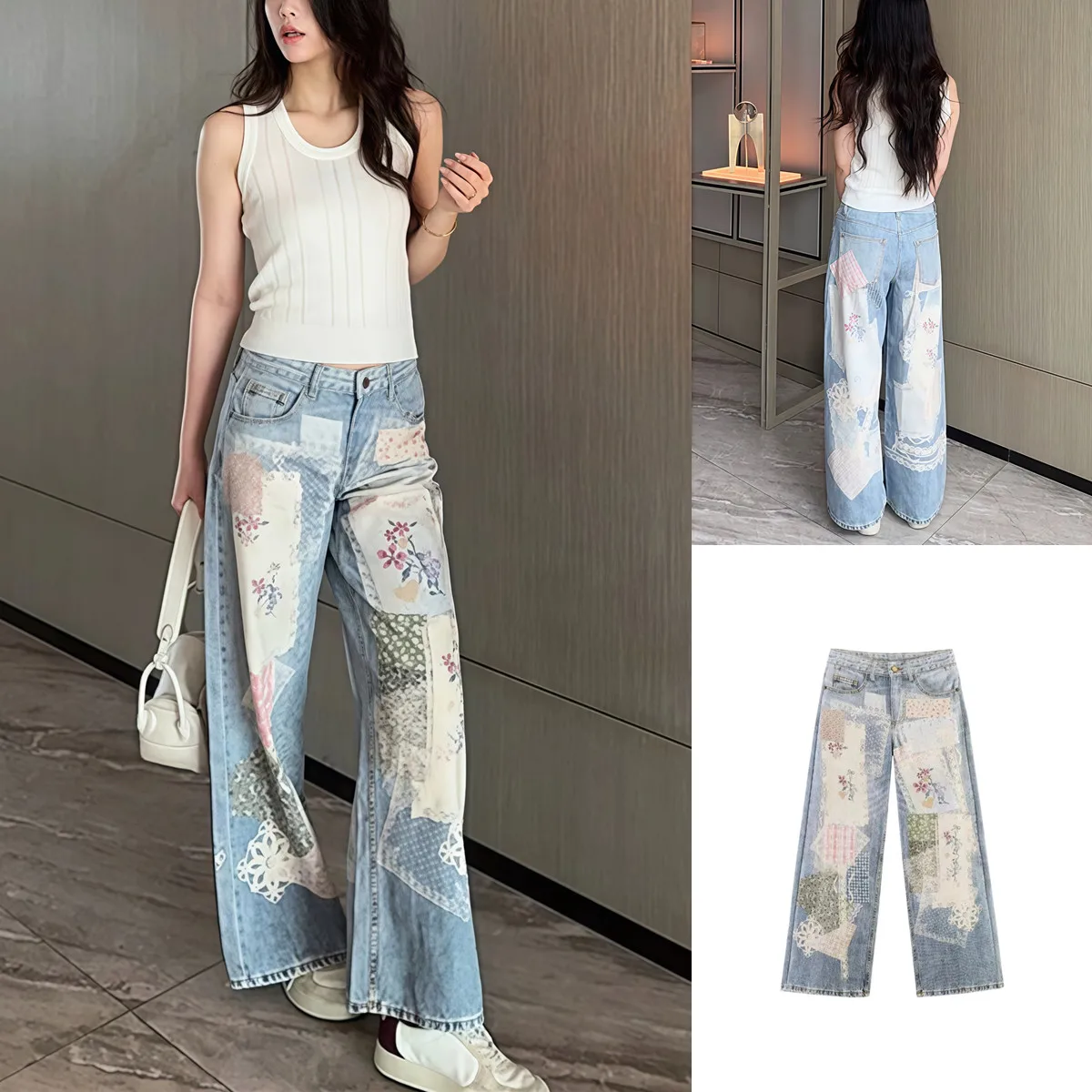 Retro Style Mixed Cotton Blend Casual Wide Leg Pants Women's Spring New Fashion Print Trousers High Waist Zipper Closure