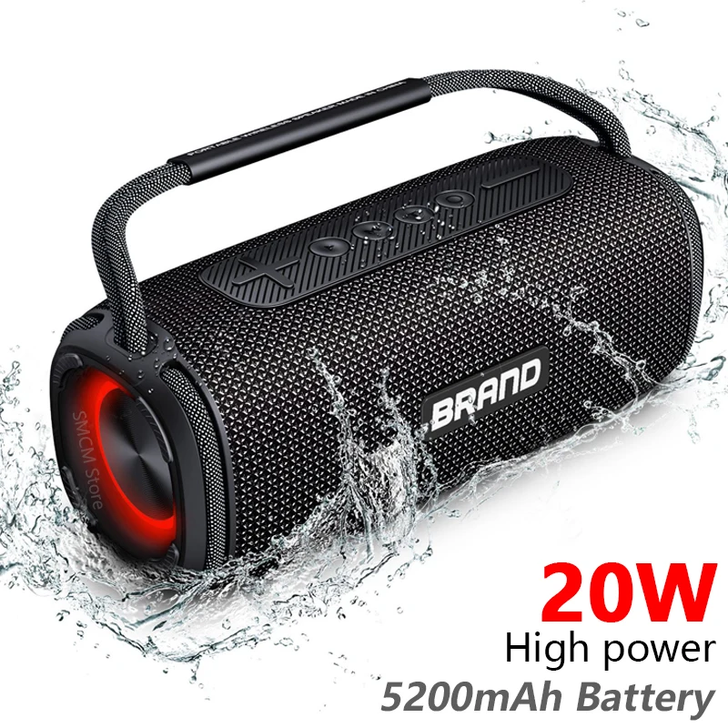 20W High Power caixa de som Bluetooth Speaker LED Hi-Fi Audio Waterproof Portable Column Subwoofer  Music Center Hands-free Call