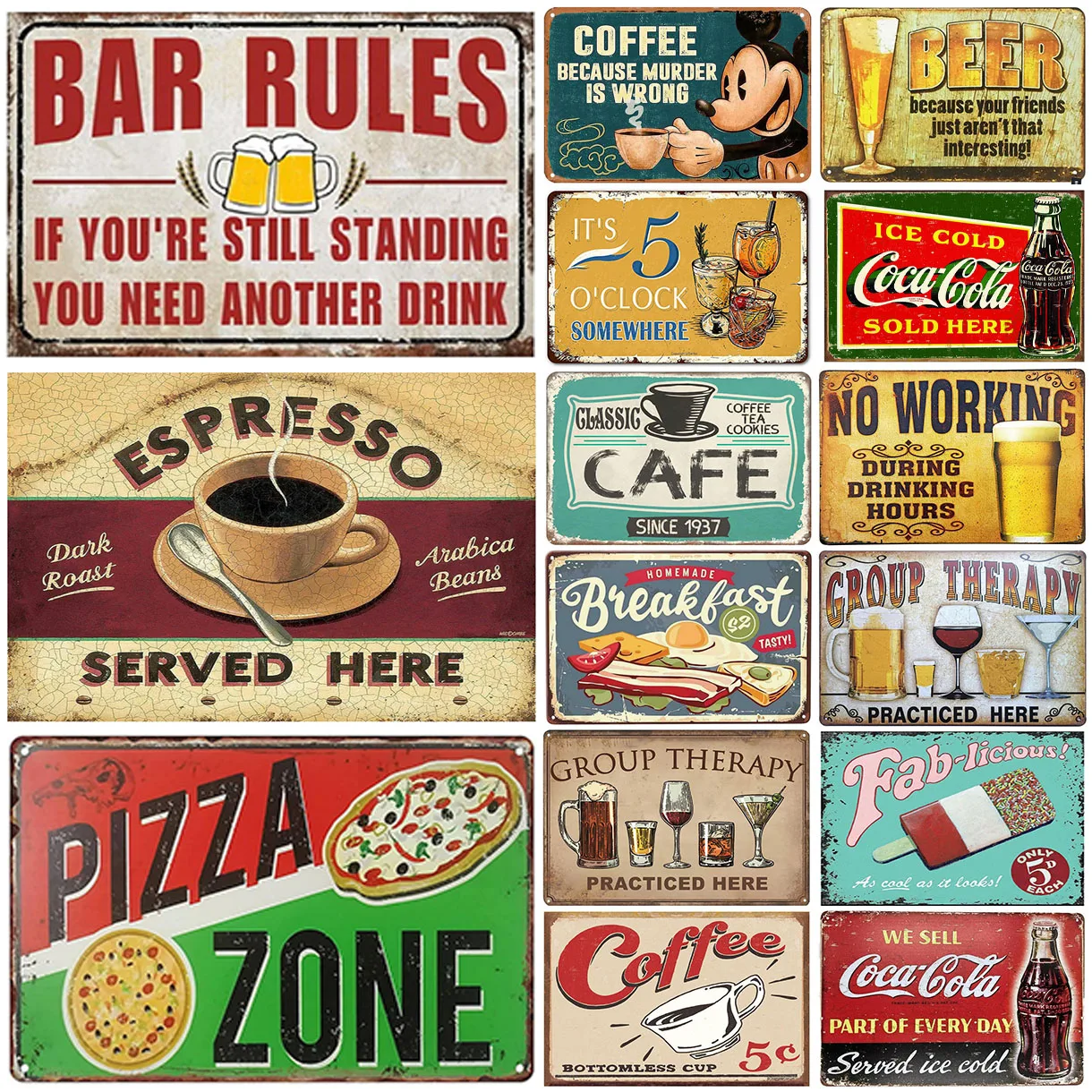 Coffee Pizza Beer Cola Metal Tin Sign Wall Poster Plaque Sign Vintage Iron Painting Decoration for Home Cafe Restaurant Club Bar