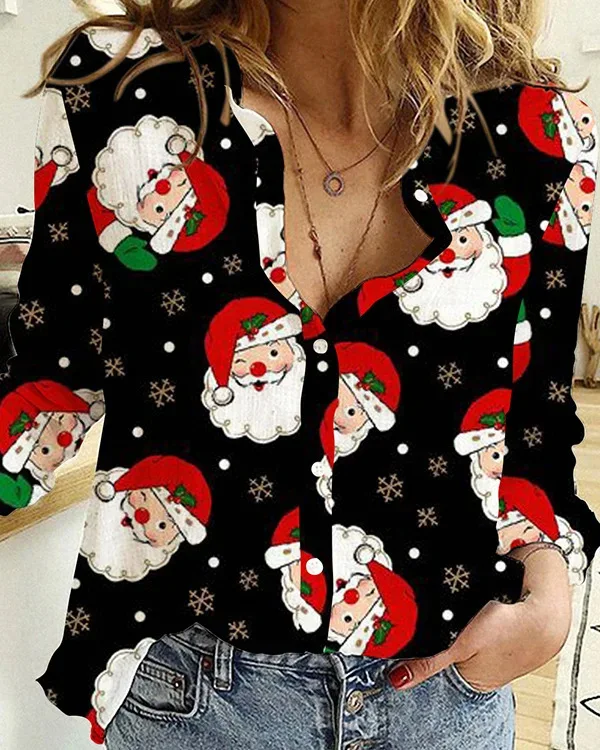 Spring And Autumn Christmas Printed Fashionable Women's Long Sleeve Shirt Fashionable Simple Collar Personalized Office Blouse